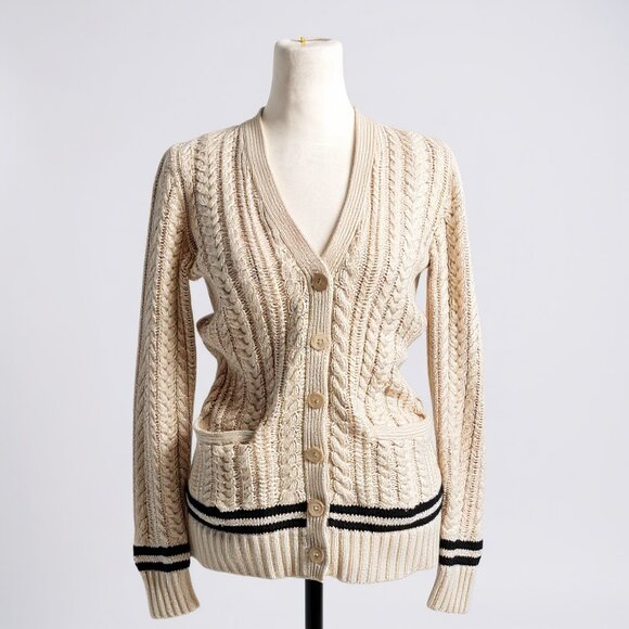 Ralph Lauren Rugby Women’s Cable Knit Cotton Cardigan XS — Cream/Ivory with Navy - Picture 1 of 9